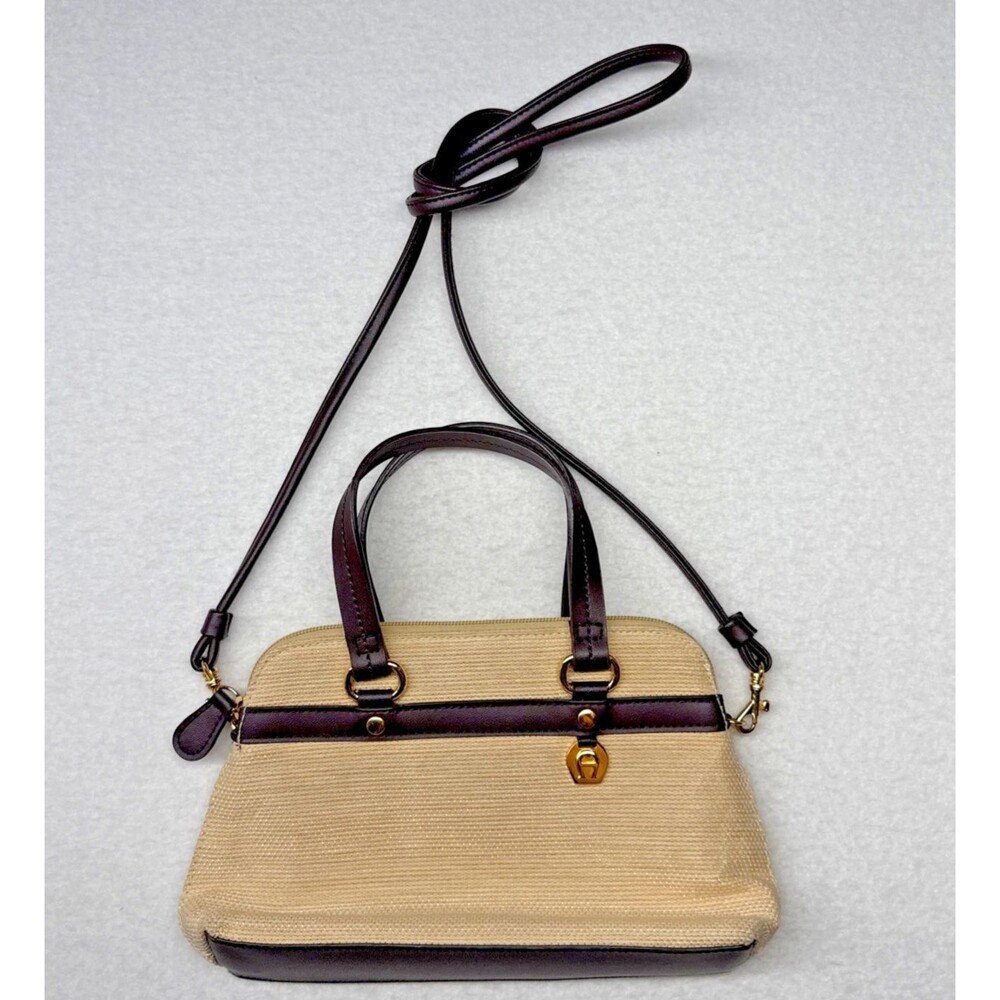 Etienne Aigner Beige Woven Handbag Womens Burgundy Top Handle Crossbody Bag